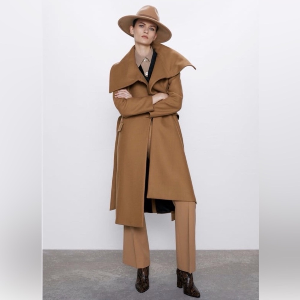 Zara Camel Wool Wrap Collar Coat
